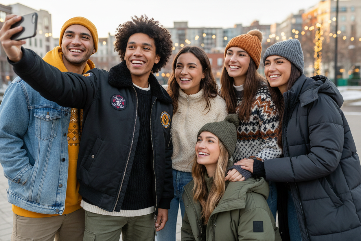 collage friends wearing nice looking outfit and taking selfi one waring nice jaket on waring hoodie one girl with swatshirt on egirl with winter jaket