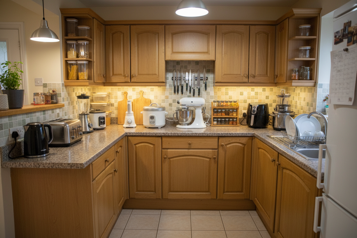 normal kichen with all trending kitchen appliances  and product like choper etc